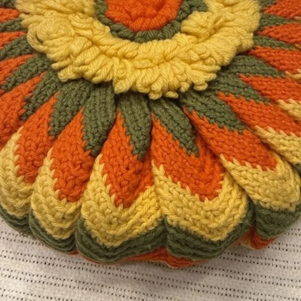 Vintage Handmade Crochet Throw Pillow Round MCM 70s Orange Green Yellow